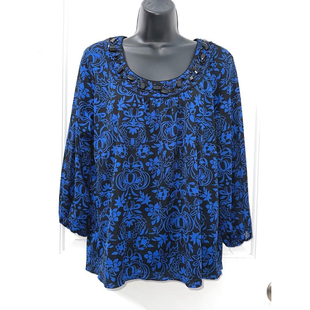Covington blue and black paisley print embellished top, size XL - Picture 2 of 6
